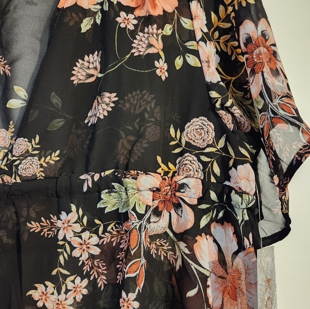 KontroL Contemporary Kimono Cover-up Black Peach Floral S Elastic Tie Waist Dark - Picture 3 of 7